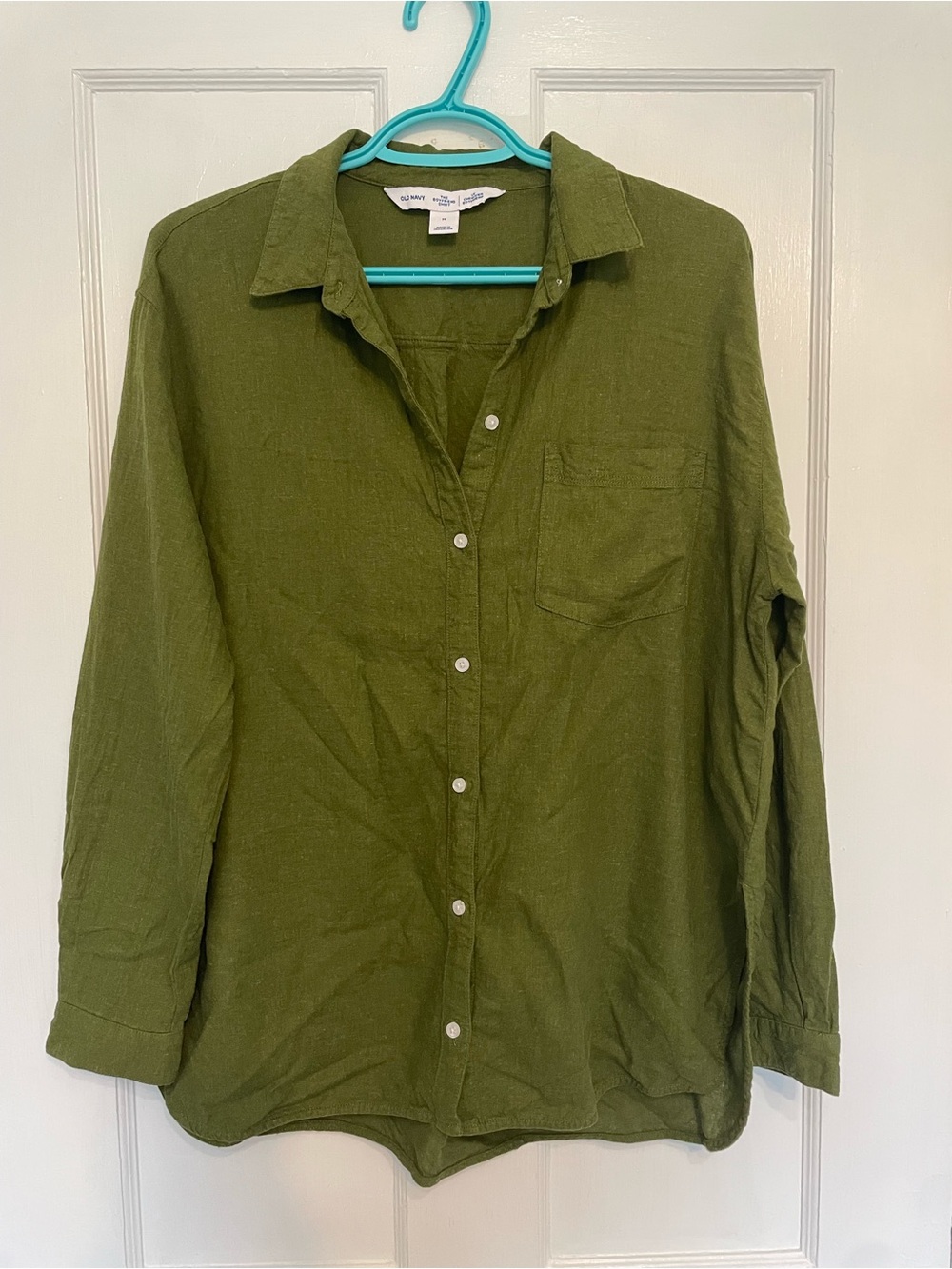 Old Navy Olive Green Linen Blend Boyfriend Fit Button-Down Shirt